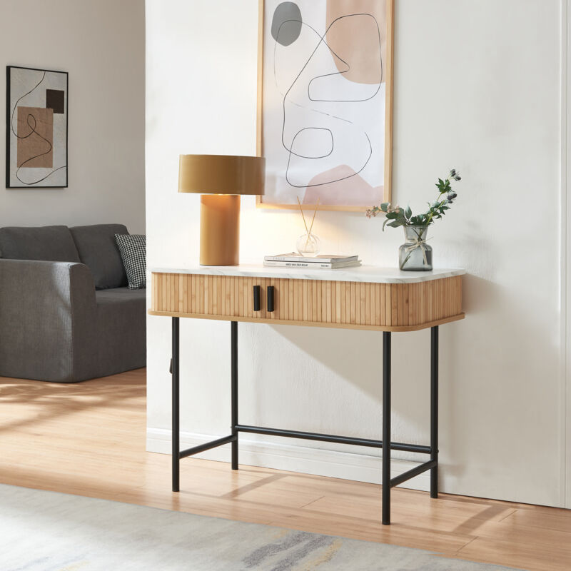 Table console Tvedestrand 100 x 50 x 76 cm effet marbre blanc / naturel [en.casa]