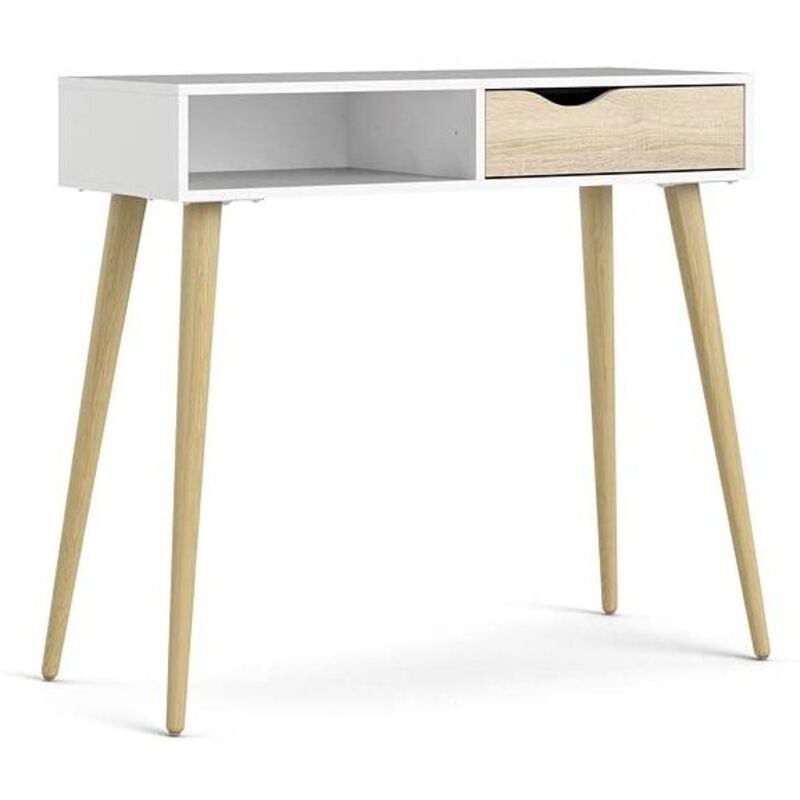 Table blanc mat et chêne avec un tiroir et étagère 103x43 cm - Gladiolo