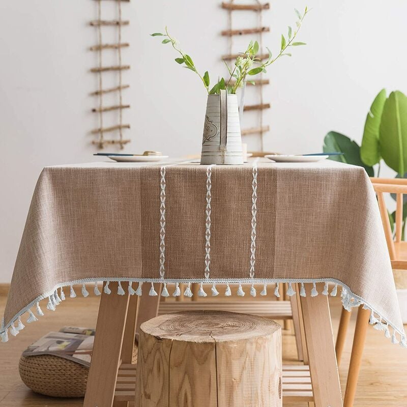 Table Coton Lin Marron Tassel Table Broderie Nappe Imperméable 140140cm