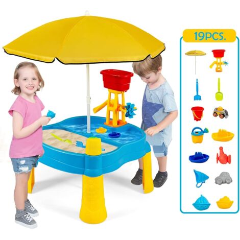 Table d’activité de sable et eau 2-en-1 avec parasol et 18 accessoires, jouet pour enfants 3+ans