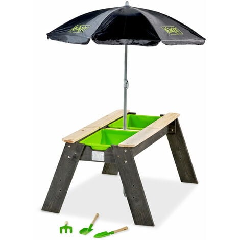 Table d'activités sable et eau EXIT Aksent avec parasol et outils de jardinage - Gris