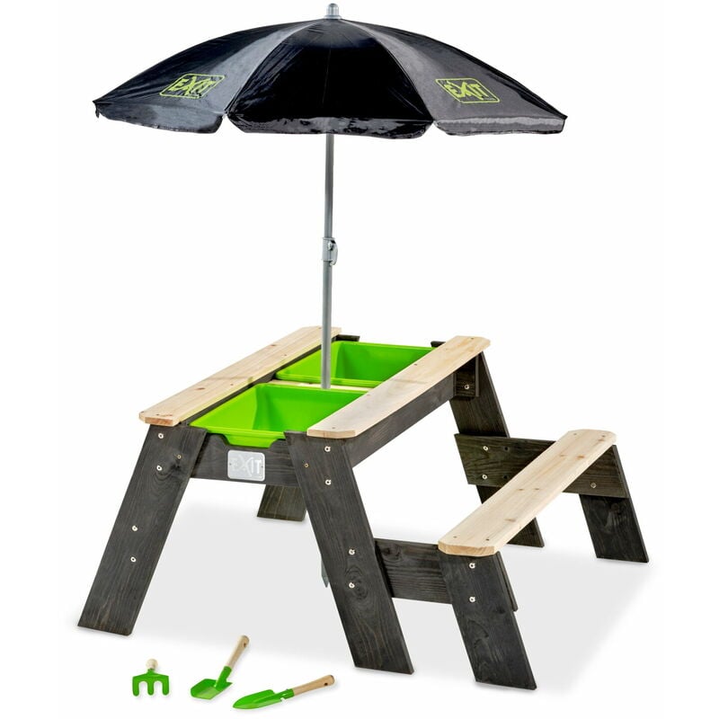 Exittoys - Table d'activités sable et eau, et de pique-nique (1 banc) avec parasol et outils de jardinage exit Aksent - Gris