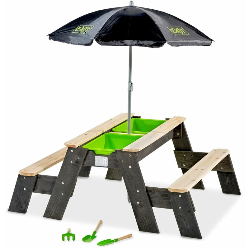 Exittoys - Table d'activités sable et eau, et de pique-nique (2 bancs) avec parasol et outils de jardinage exit Aksent - Gris