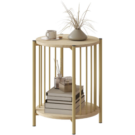 Table d'appoint 2 niveaux avec étagère de rangement, cadre en acier, Ø 41 x 49 cm, finition bois naturel