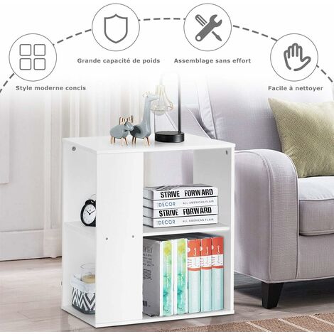 Table d'appoint 3 niveaux avec porte revues bout de canapé avec rangement compartiments, marron