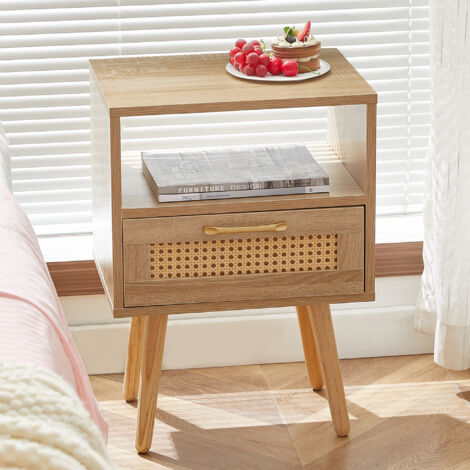 Table d’appoint 40x30x55 cm avec tiroir, façade effet rotin, pieds en bois massif, naturel