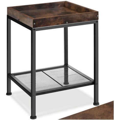 Tectake – Table d'appoint en bois foncé 41,5 x 41 x 56 cm – Support acier noir – Étagère grillagée pour rangement – Pieds réglables