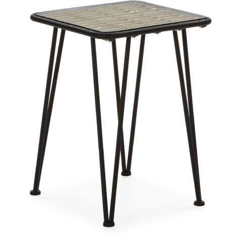 Table d'appoint 41x41x57 Verre/Métal noir/Rotin naturel