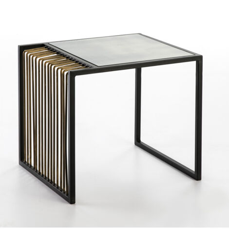 Table d'appoint 56x48x51 Miroir Vieilli/Métal Doré/Noir