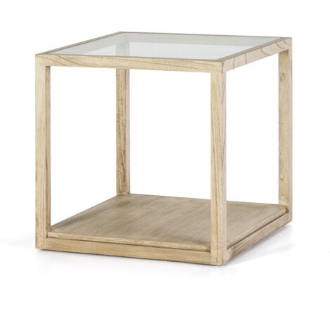 Table d'appoint 60x60x60 Verre/Bois Blanc Voilé