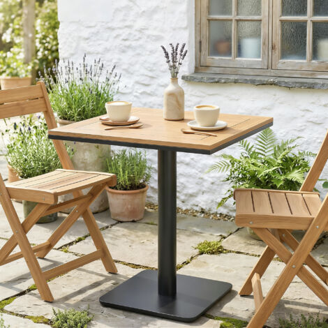 Table d’appoint 70 x 70 cm, table de jardin résistante aux intempéries aspect bois, base large, carrée, bois naturel