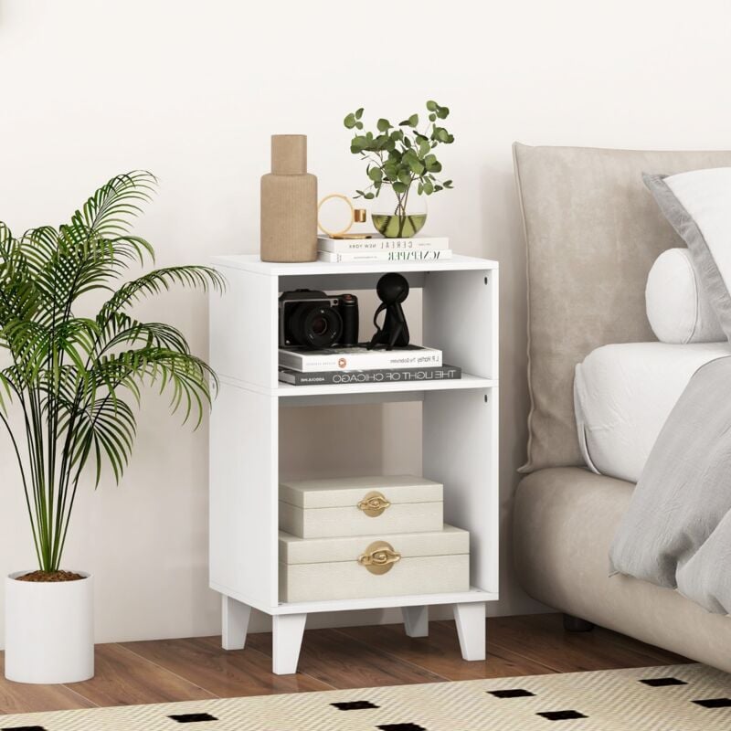 Table d'Appoint à 3 Niveaux Table de Chevet avec Etagères de Rangement Pieds Surélevés et Structure Stable Table d'Appoint Etroite Blanc DESIGN IN