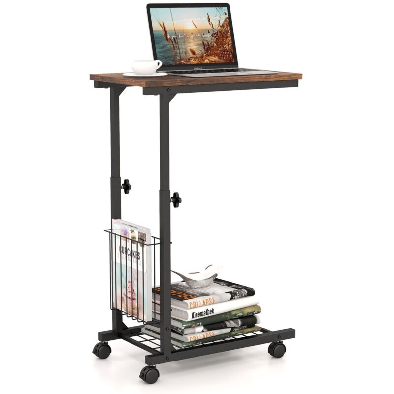 Maisonchic - Table d'Appoint à Roulettes Bout de Canapé en Forme de c avec Porte-Revues Table de Lit à Roulette Hauteur Réglable 58-80 cm Table