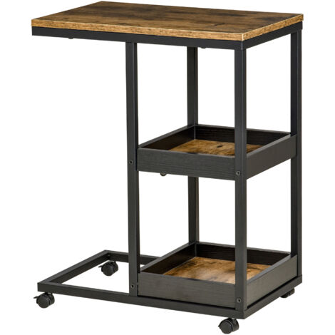 Table d'appoint à roulettes pour canapé ou lit, style industriel, acier et bois, marron et noir