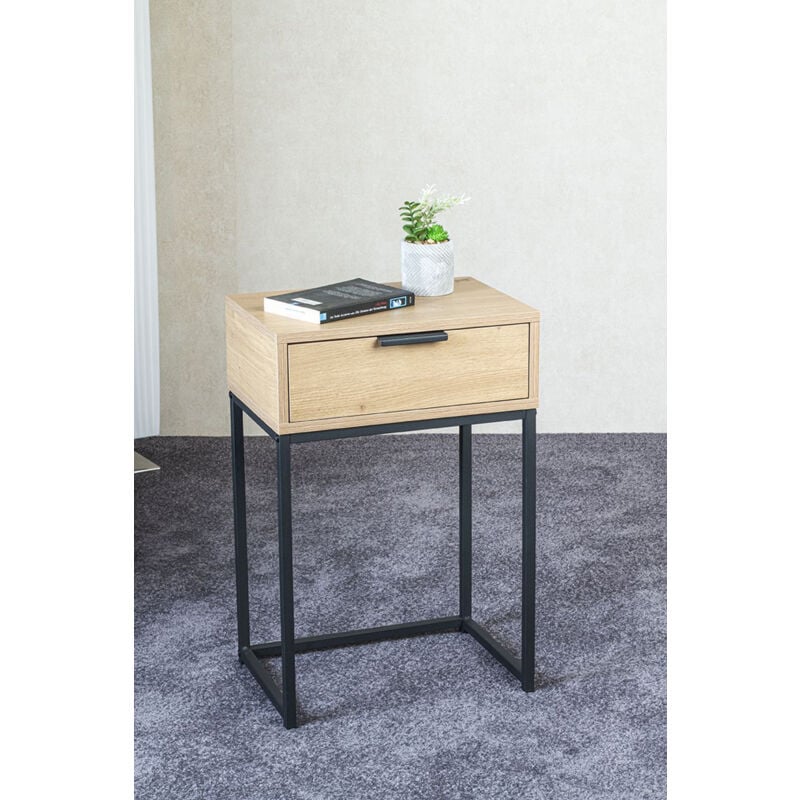 Pegane - Table d'appoint avec 1 tiroir en bois coloris chêne clair et métal coloris noir -longueur 40 x profondeur 28 x hauteur 60 cm