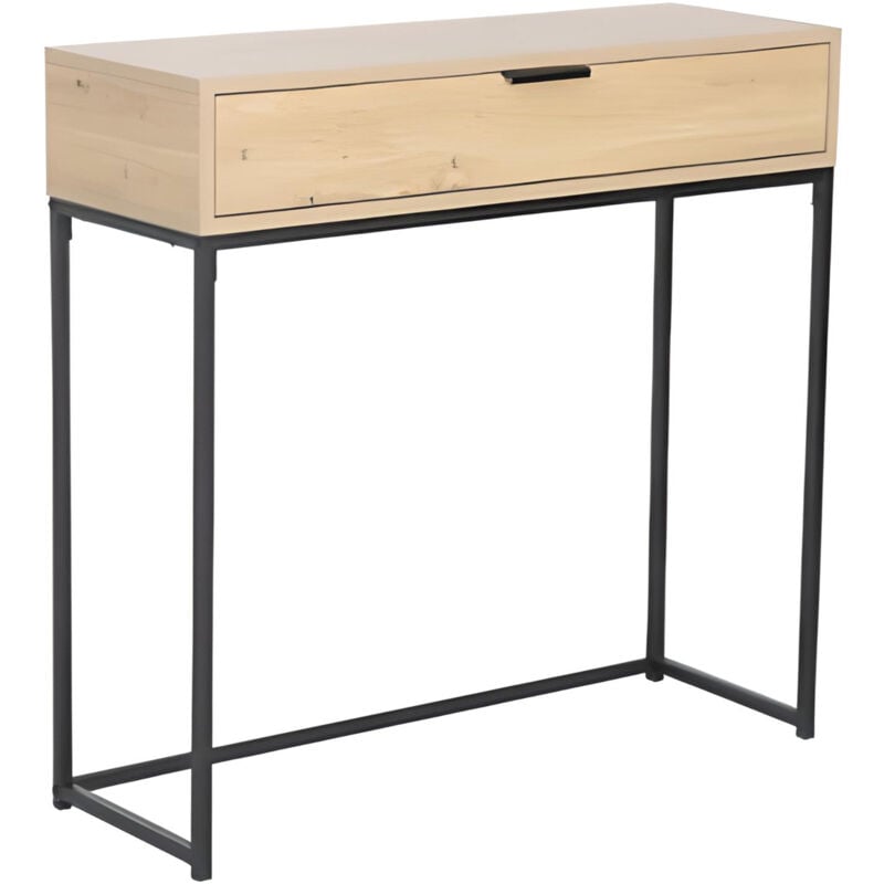 Table d'appoint avec 1 tiroir en bois coloris chêne clair et métal coloris noir -longueur 80 x profondeur 28 x hauteur 77 cm