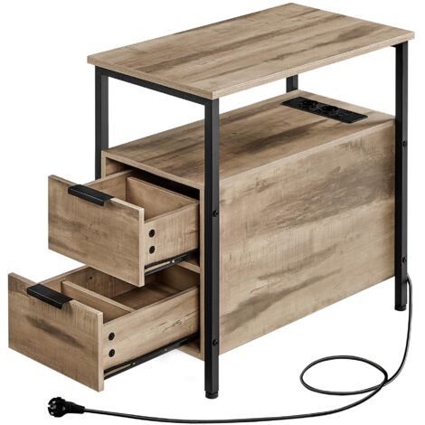Table D’appoint Avec Multiprise, Petite Et Fine Avec 2 Tiroirs, Table De Chevet Avec Rangement, Pour Salon, Chambre, Marron Camel Et Noir D'encre
