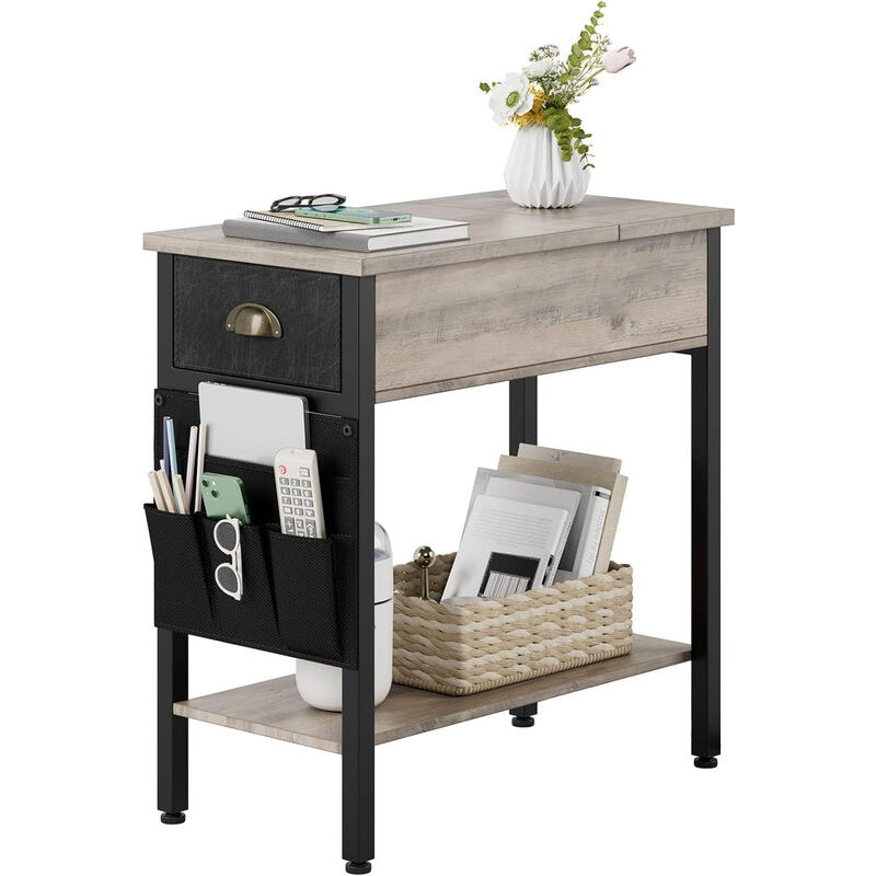 Table d'appoint avec plateau pliant, table basse et table de chevet, avec étagère et sac en tissu, idéale pour le salon, la chambre, gris