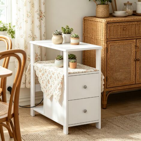 Table d'appoint avec prise, 2 tiroirs et 2 étagères, blanc, 60 x 60 x 30 cm