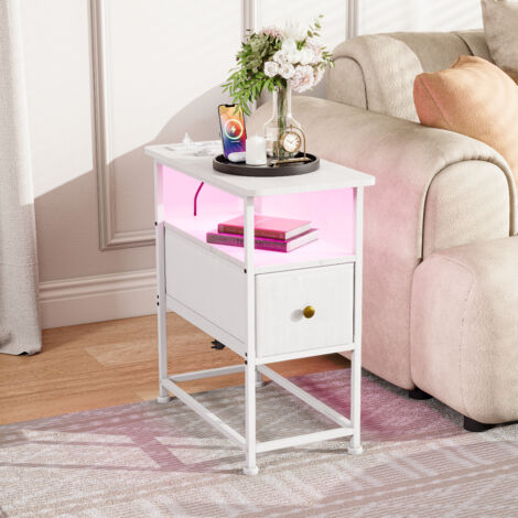 Table d'Appoint avec Prise Électrique et USB C, Table de Chevet LED, Bout de Canapé avec Tiroir, Station de Charge Intégrée, Rangement 1 Niveaux, Structure Métal - Blanc