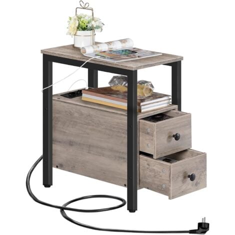 Table d'Appoint avec Station de Charge, Table de Chevet avec 2 Tiroirs, Ports USB et Prises de Courant, Bout de Canapé pour Petits Espaces, Salon, Chambre, HOOBRO EBG542BZ01