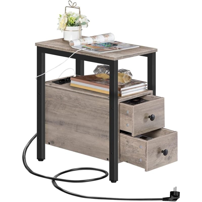 Table d'Appoint avec Station de Charge, Table de Chevet avec 2 Tiroirs, Ports USB et Prises de Courant, Bout de Canapé pour Petits Espaces, Salon,