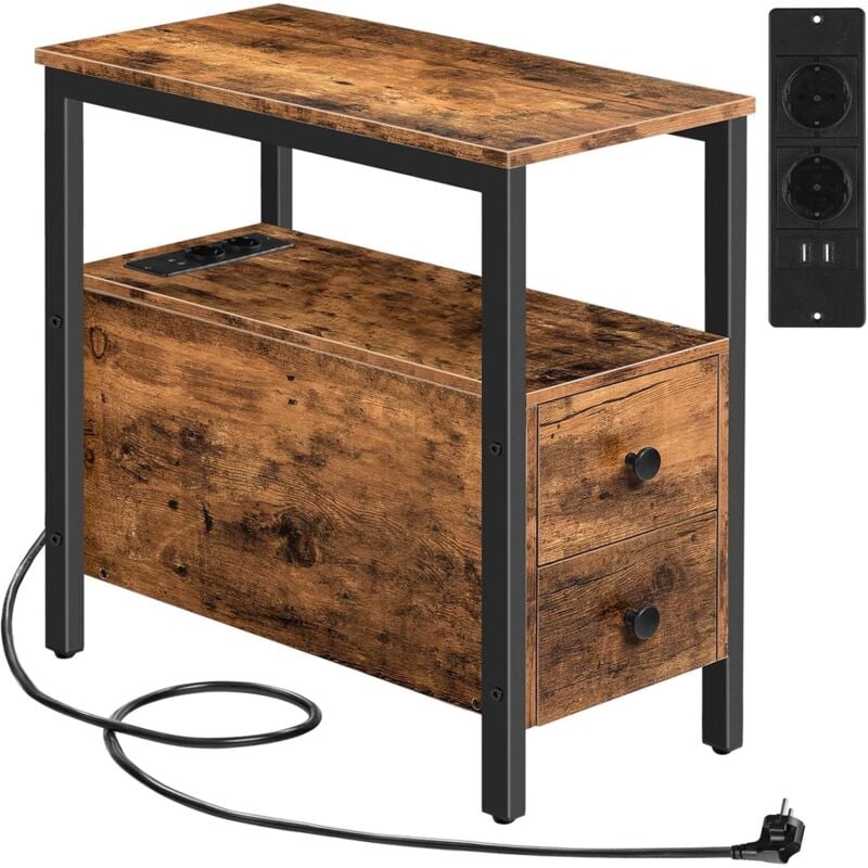 Table d'Appoint avec Station de Charge, Table de Chevet avec Tiroir, Ports usb et Prises de Courant, Bout de Canapé pour Petits Espaces, Salon,