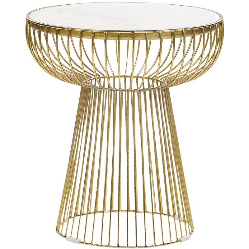 Table d'Appoint Blanc et Doré en Marbre et Métal Base en Cage Plateau Rond Cheynes