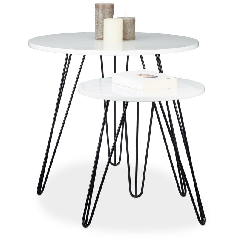 Table d'appoint blanche ronde lot de 2 bois et métal brillant laqué 3 pieds stable bout canapé gigognes HxD: 52 x 60 cm, blanc - Relaxdays