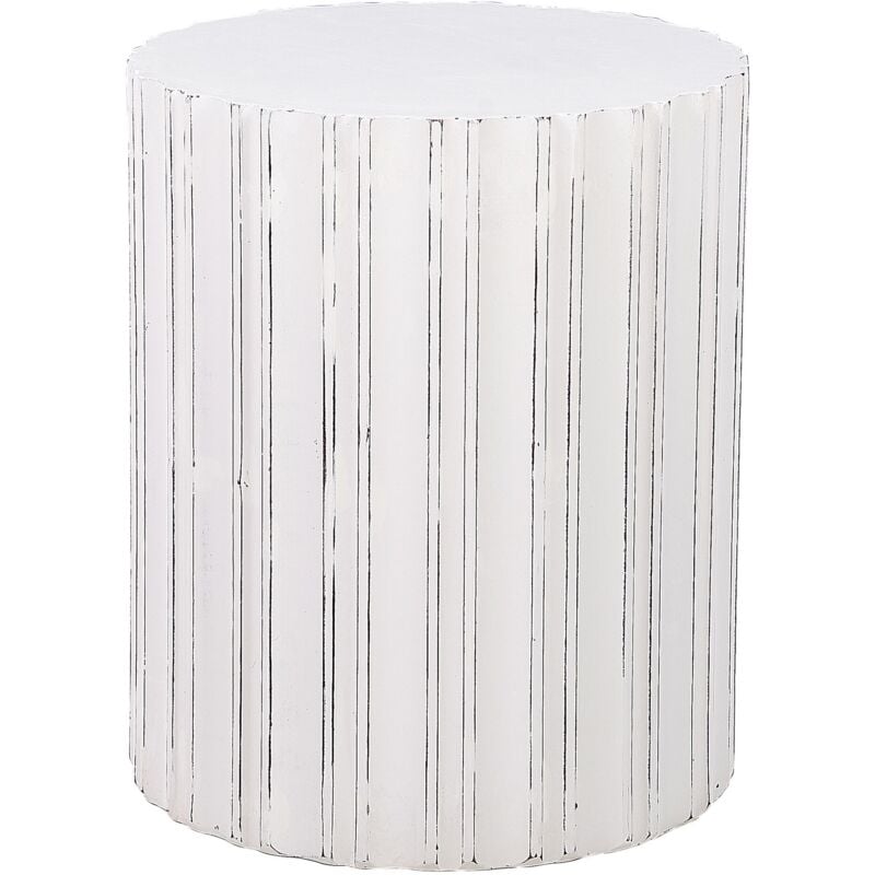 Table d'Appoint Blanche en mdf Ronde à Base Cannelée Style Rétro Effet Vieilli Deuli