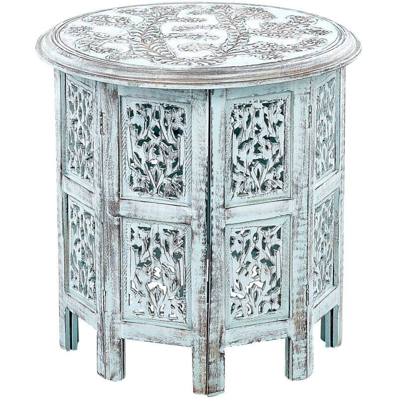 Table d'Appoint Bleue en Bois de Manguier Ronde à Base Ajourée Style Rétro Borai