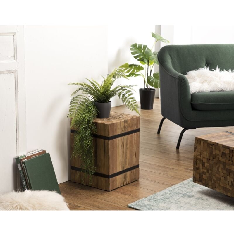 Suzy - Table d'appoint carrée 's' 34x34cm bois Teck recyclé cerclée métal noir