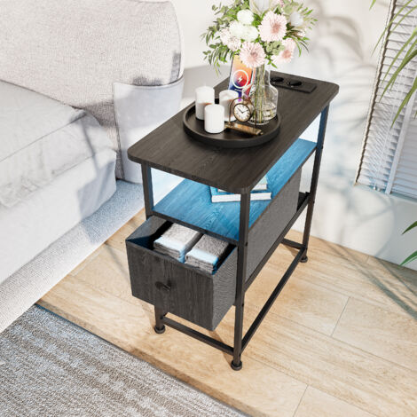 Table d'Appoint, bout de canapé 60 x 30 x 62 cm, Table de chevet avec prise de courant intégrée, port USB, éclairage LED, 1 tiroirs de rangement- Noir