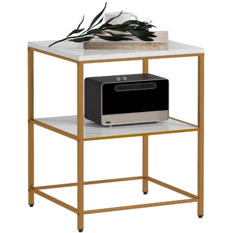 Table d'appoint, bout de canapé avec 2 étagères effet marbre et structure en métal doré, 44L x 40l x 54,5H cm