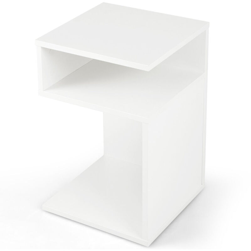 Table d'appoint bout de canapé de salon en forme ‘S’ avec 2 casiers ouverts petite table basse design géométrique taille compacte pour salon chambre