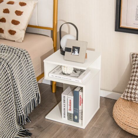 Table d'Appoint  Bout de canapé Forme ‘S’ avec 2 Casiers Ouverts Compacte Blanche CW51478
