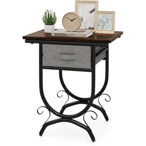 Table d'Appoint Canapé avec Tiroir en Tissu, Chevet de Lit 2 Niveaux, Plateau en Bois, Cadre en Métal, Table de Nuit pour Chambre, Salon