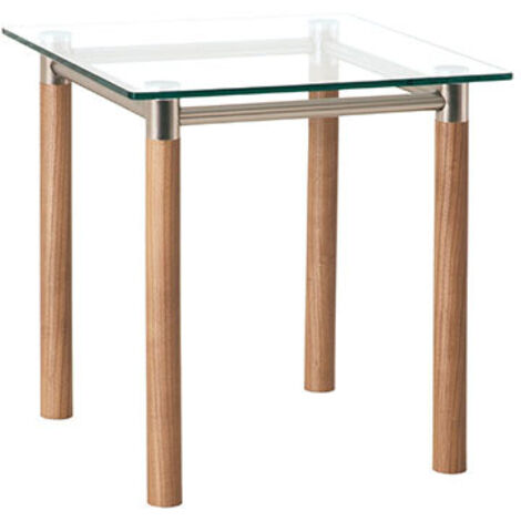 Table d'appoint carrée 42x43 cm avec plateau en verre et pieds marron