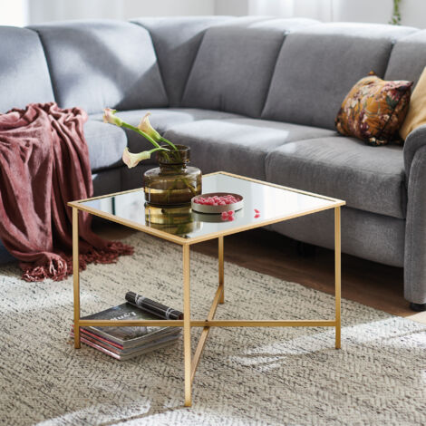 Table d'appoint carrée 60x45 cm avec plateau en miroir et métal doré