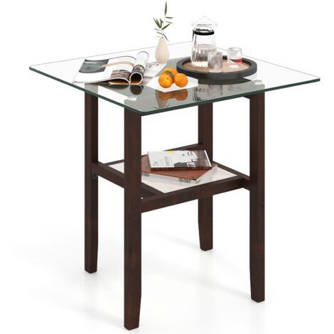 Table d’Appoint Carrée en Verre de 61 cm, Table Basse à 2 Niveaux avec Etagère de Rangement et Cadre en Bois d'Hévéa