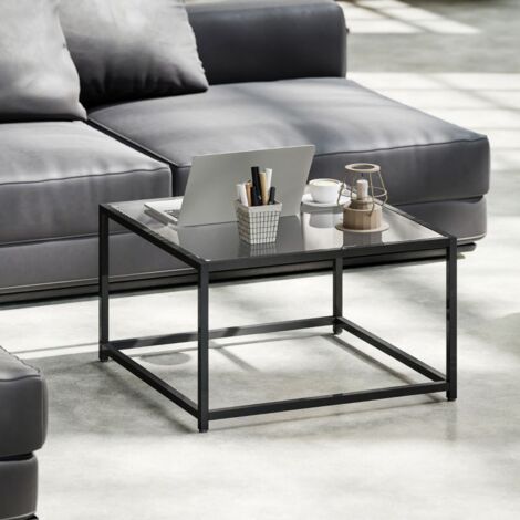 Table d'appoint carrée, table de chevet avec plateau en verre trempé, table basse avec pieds en acier. Dimensions : 68 x 68 x 39 cm, couleur noire.