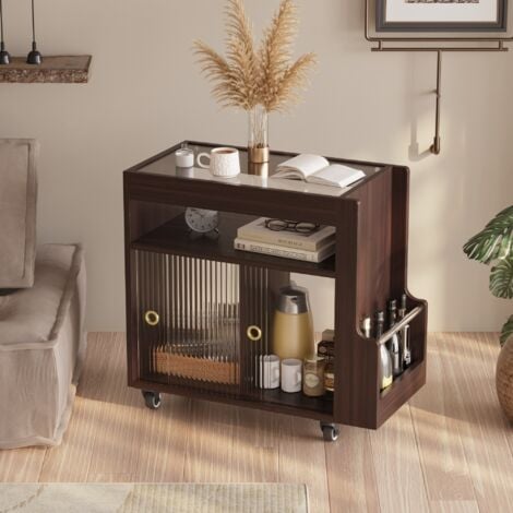 FUFU&GAGA Table d'appoint Chariot d'appoint roulant avec plateau en verre, brun foncé, MDF, 60×30×56 cm