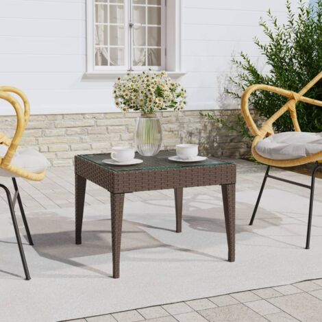 Table d'Appoint Chevet,Bout de Canapé marron 50x50x38 cm poly rotin et verre trempé -GB35745