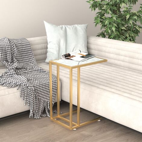 Table d'Appoint Chevet,Bout de Canapé ordinateur Marbre blanc 50x35x65cm Verre trempé -GB89776