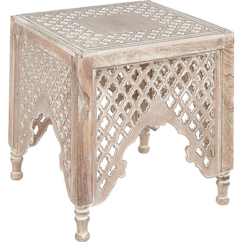 beliani - table d'appoint claire en bois de manguier ajouré oriental bout de canapé kadma - bois clair