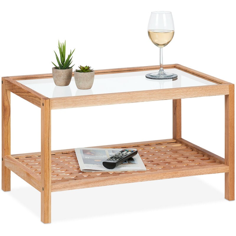 Table d'appoint, console en bois de noyer et verre, h x l x p : 35 x 60 x 40 cm, pour salon, nature - Relaxdays