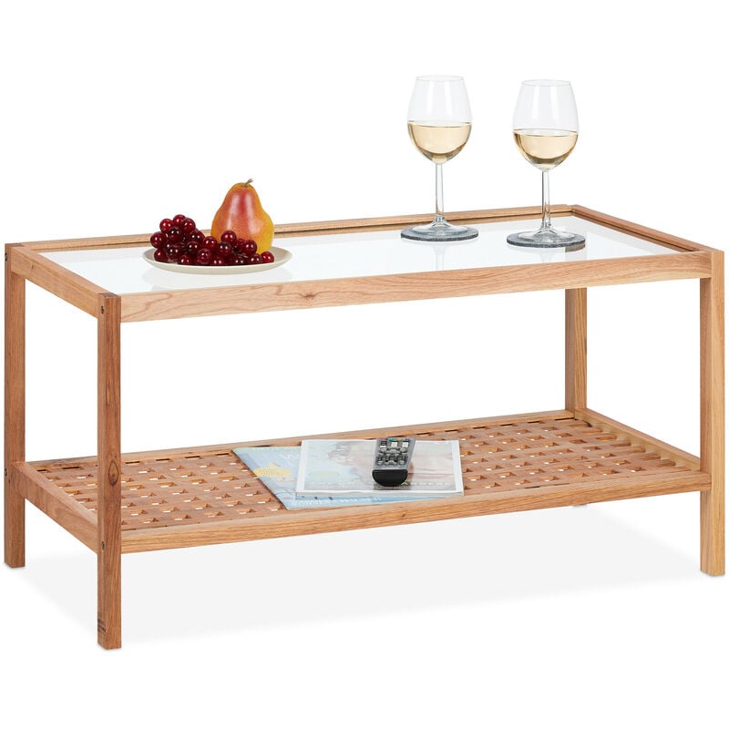 Table d'appoint, console en bois de noyer et verre, h x l x p : 40 x 80 x 40 cm, pour salon, nature - Relaxdays