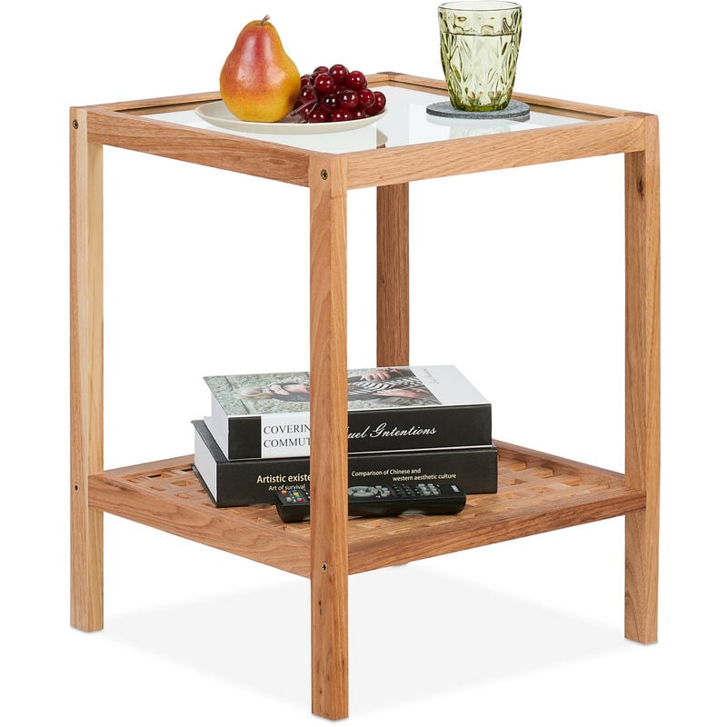 Table d'appoint, console en bois et verre, h x l x p : 50 x 40 x 40 cm, pour salon & chambre, nature - Relaxdays