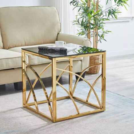 Table d'appoint cubique moderne JYMTOM - Verre trempé de 8 mm et acier inoxydable plaqué or - Cadre doré - Design élégant, table d'appoint polyvalente pour salon/chambre/bureau - Style minimaliste de 