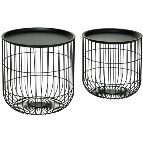 Table d'appoint de canapé - Design Scandinave - Ensemble de 2 Tables avec Rangement - Acier Noir